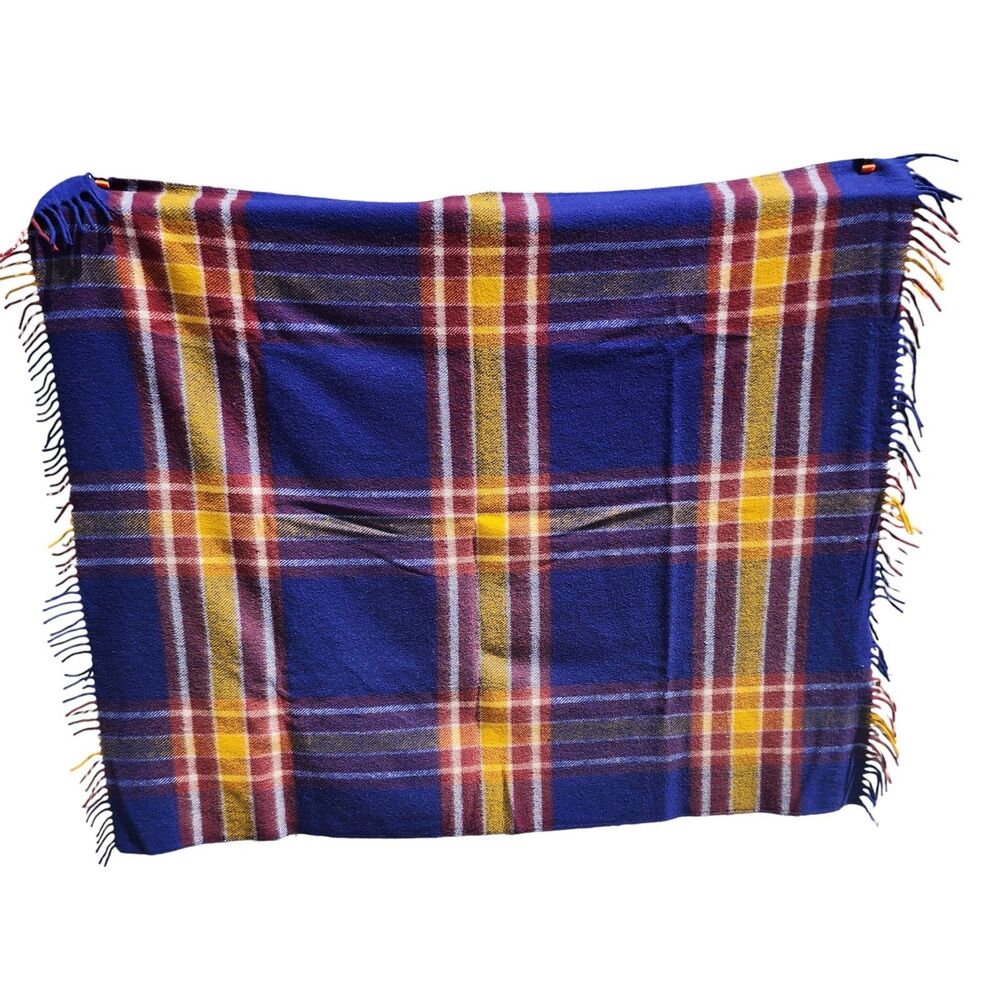 Vintage Woolcraft Robe Plaid Wool Blanket‎ Blue Burgundy Yellow Fringe 66x55 - Picture 4 of 4